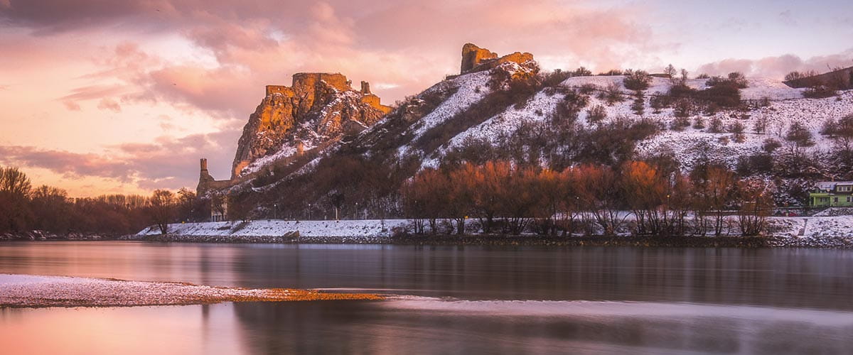 A view towards Bratislava at sunset with a dusting of snow, Slovakia